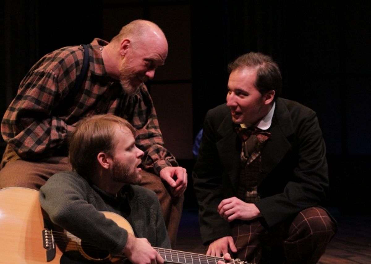John Wilkes Booth (David Maga, right) conspires with two fellows at his boarding house (Joel Raney and Nic Delcambre) in A Civil War Christmas.  at 
