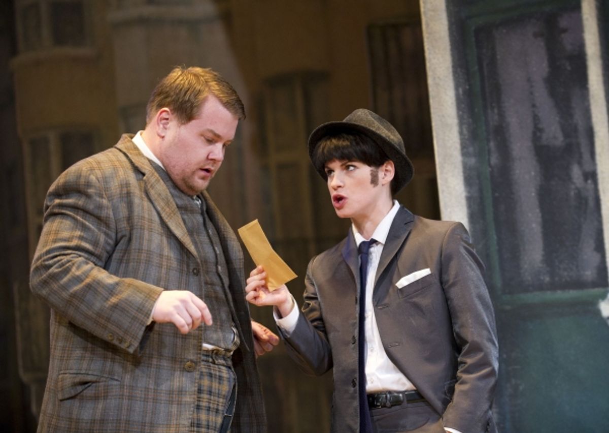 Francis Henshall (James Corden) and Rachel Crabbe (Jemima Rooper) at Pre-Broadway One Man, Two Guvnors in the West End
