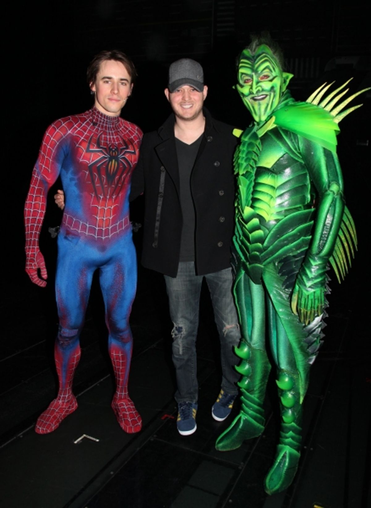 Michael Buble visits Reeve Carney & Patrick Page Backstage at  'SPIDER-MAN Turn Off The Dark' at the  Foxwoods Theatre in New York City. at 