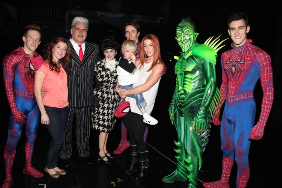 Poppy Montgomery and son Jackson Kaufman visiting Rebecca Faulkenberry, Laura Beth Wells, Michael Mulheren, Reeve Carney & Company Backstage at  'SPIDER-MAN Turn Off The Dark' at the  Foxwoods Theatre in New York City. at 