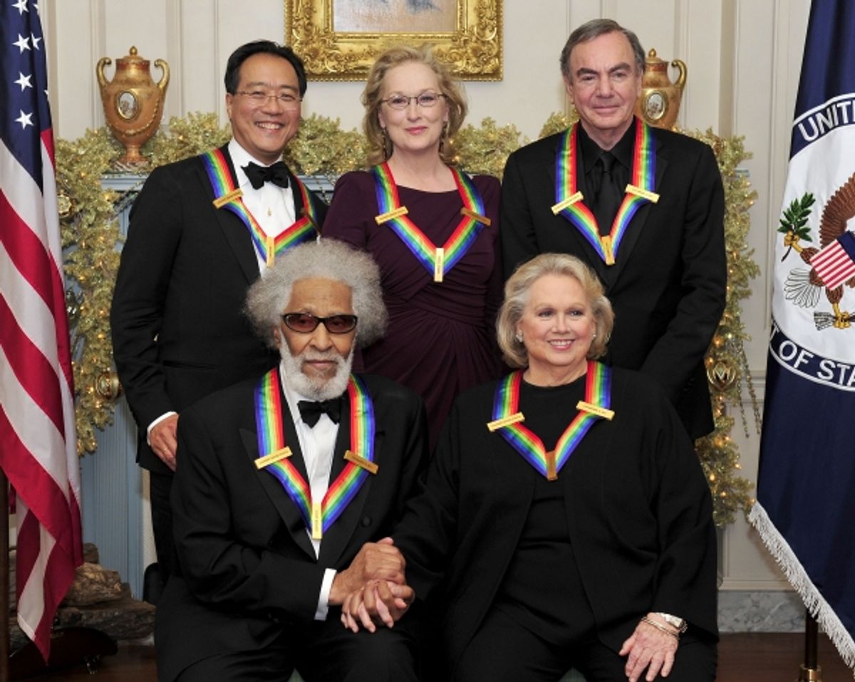 Back row, Yo-Yo Ma, Meryl Streep, Neil Diamond. Front row, Sonny Rollins, Barbara Cook at 