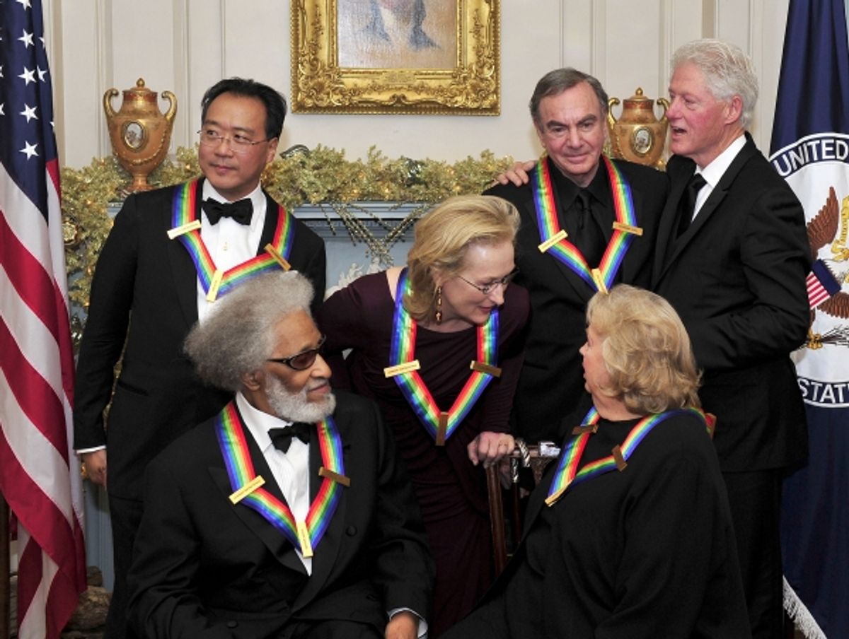 Back row, Yo-Yo Ma, Meryl Streep, Neil Diamond, Bill Clinton. Front row, Sonny Rollins, Barbara Cook at 