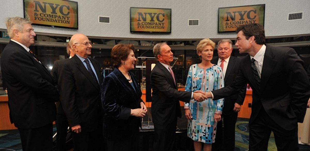 Tim Zagat; NYC & Company CEO George Fertitta; Broadway League Chairman Paul Libin; Nina Zagat; Mayor Michael R. Bloomberg; Metropolitan Museum of Art President and NYC & Company Chairwoman Emily Rafferty; Times Square Alliance Chairman Robert Wankel; and  at 