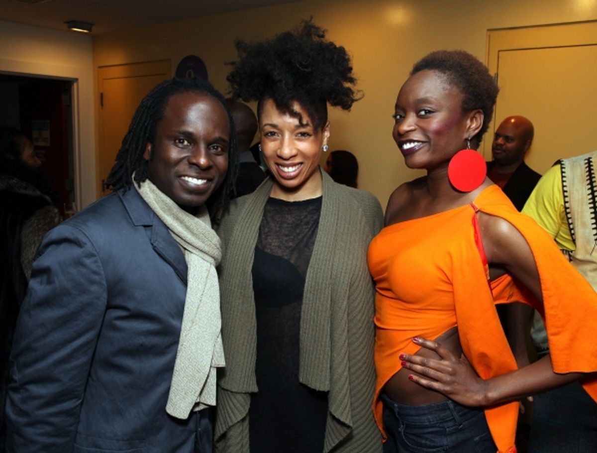 LOS ANGELES, CA - DECEMBER 14: (L-R) Cast members Gelan Lambert, Jill Marie Vallery and Poundo Gomis pose during the champagne toast for the opening night performance of 'Fela!' at Center Theatre Group's Ahmanson Theatre on December 14, 2011 in Los Angele at 