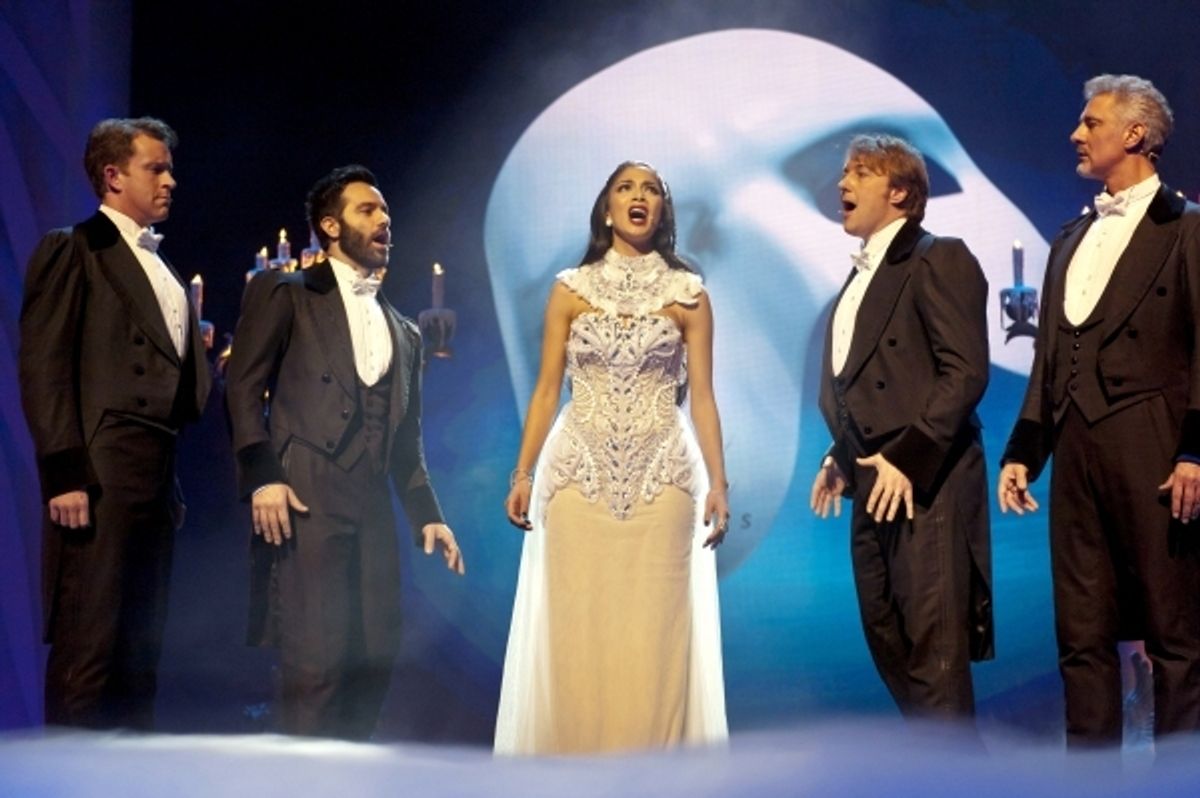 Simon Bowman, Earl Carpenter, Ramin Karimloo and John Owen-Jones with Nicole Scherzinger.  Photo Credit: Ken McKay/ITV/Rex / Rex USA at 