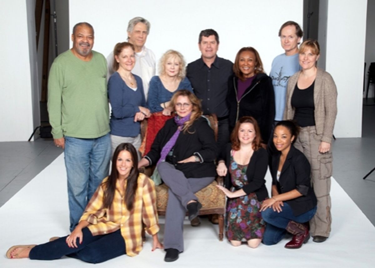 The cast of Horton Foote's Dividing the Estate: (back row, from left) Roger Robinson, Hallie Foote, James DeMarse, Penny Fuller, Horton Foote Jr., Pat Bowie, Devon Abner and Kelly McAndrew; (front row) Jenny Dare Paulin, Elizabeth Ashley, Nicole Lowrance  at 