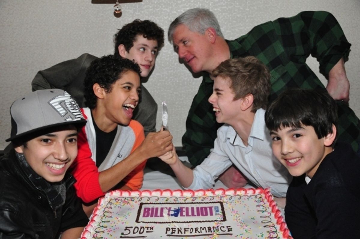 Dayton Tavares, Liam Redhead, Trent Kowalik, Gregory Jbara, Michael Dameski and Alex Ko celebrate 500 Broadway performances. at 