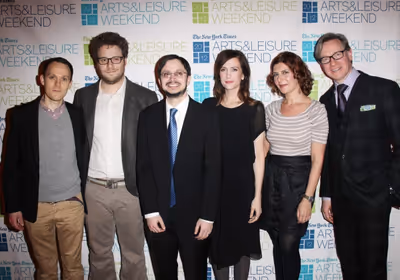 Backstage (L-R) Will Reiser, Seth Rogen, Dave Itzkoff, Kristen Wiig, Melena Ryzik and Photo