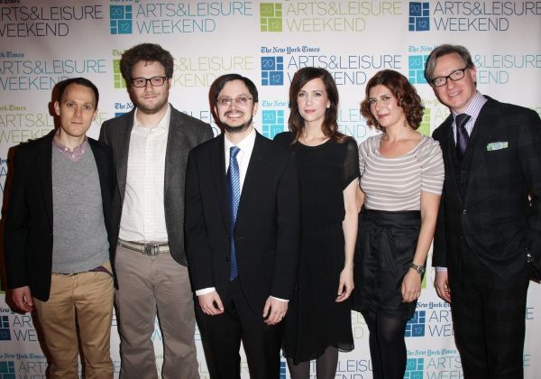 Backstage (L-R) Will Reiser, Seth Rogen, Dave Itzkoff, Kristen Wiig, Melena Ryzik and Photo