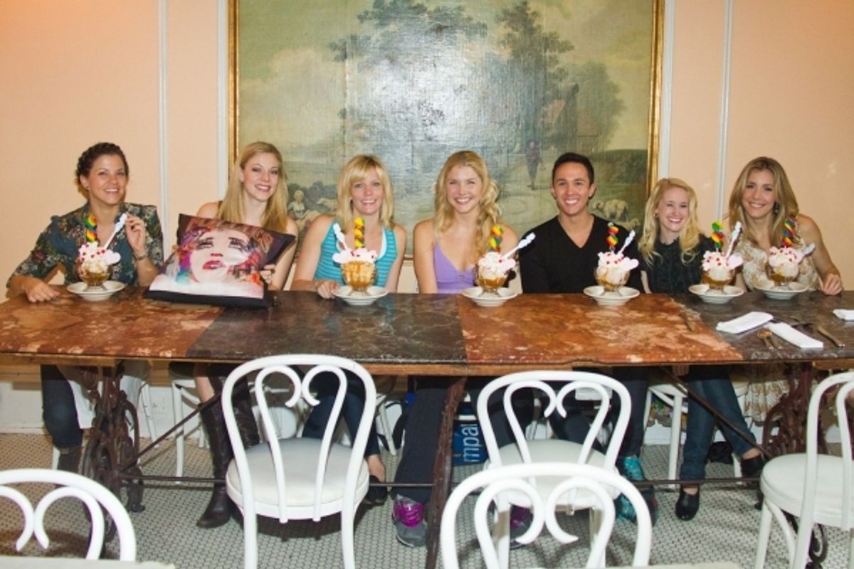 Sara Edwards, Kirsten Scott, Jenifer Foote, Amanda Kloots-Larsen, Mathew deGuzman, Pamela Otterson and Brittany Marcin unveil Serendipity's FOLLIES sundae. at 