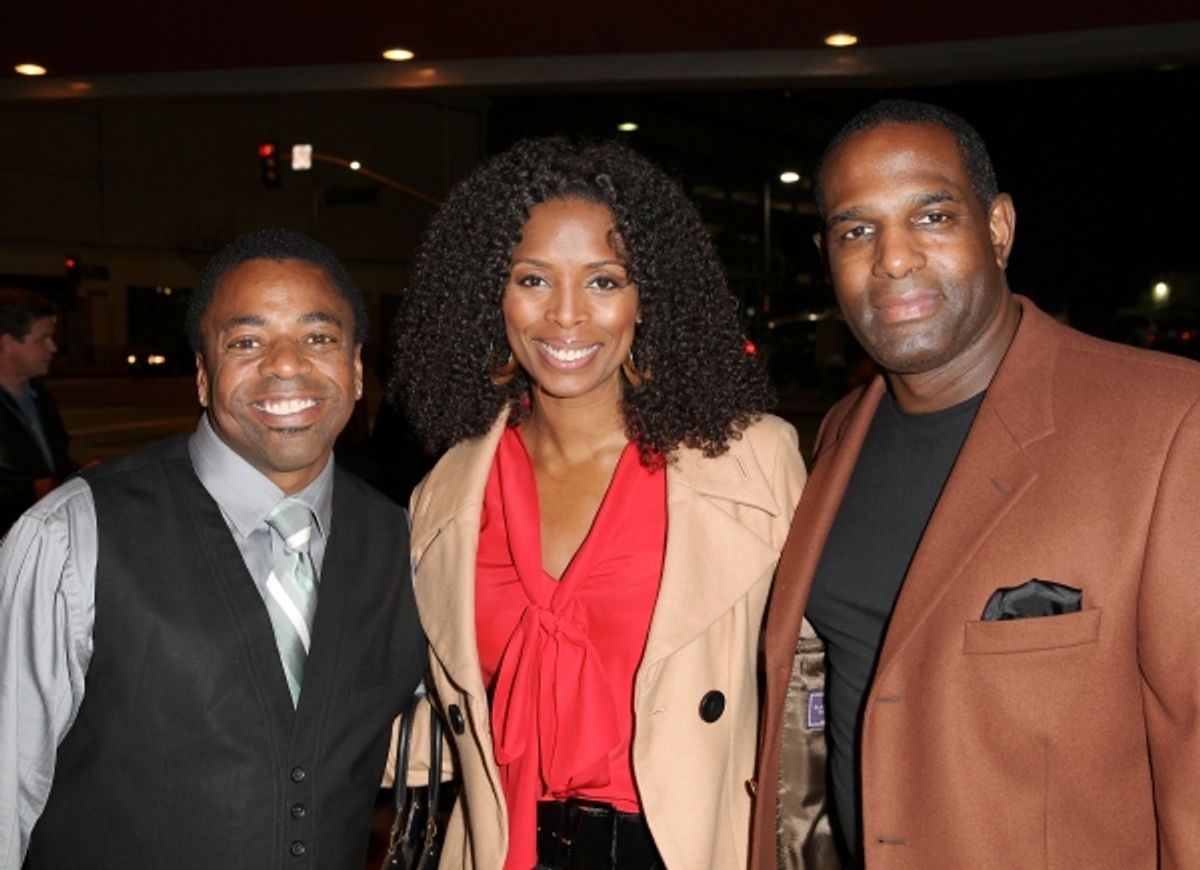 CULVER CITY, CA - JANUARY 22: (L-R) Sage Gallon, actress Tasha Smith and Keith Douglas pose during the arrivals for the opening night performance of Ebony Repertory Theatre's production of 'A Raisin in the Sun' at Center Theatre Group / Kirk Douglas at 