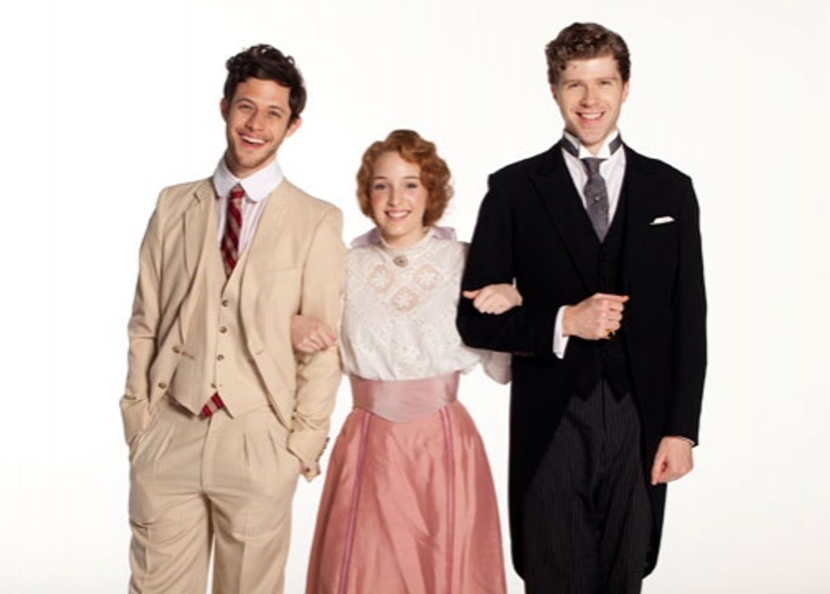 (from left) Kyle Harris stars as George Emerson, Ephie Aardema as Lucy Honeychurch and Will Reynolds as Cecil Vyse in the World Premiere of A Room with a View, a new musical with book and additional lyrics by Marc Acito and music and lyrics by Jeffrey Sto at 