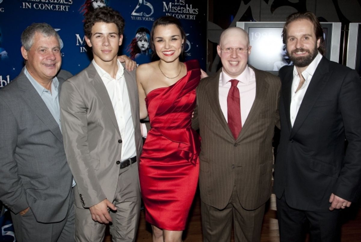 Cameron Mackintosh (Producer), Nick Jonas (Marius), Samantha Barks (Eponine), Matt Lucas (Thenardier) and Alfie Boe (Jean Valjean) at the LES MISERABLES 25th Anniversary Concert After Party. Photo by Dan Wooller/Rex  at 