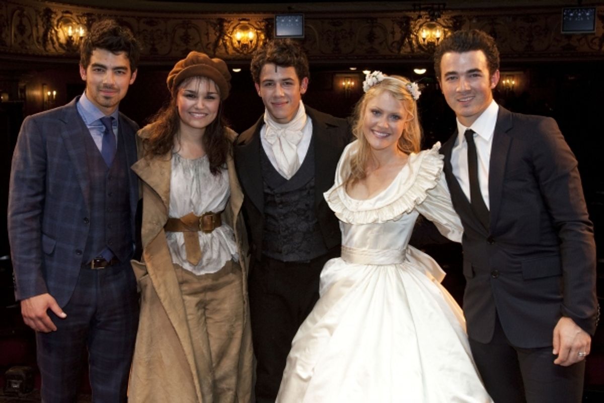 Joe Jonas, Samantha Barks (Eponine), Nick Jonas (Marius), Camilla Kerslake (Cosette) and Kevin Jonas backstage - Photo by Dan Wooller / Rex at 