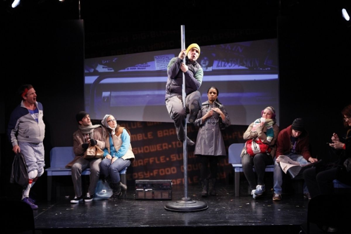 Peter Benson, Nick Choksi, Sas Goldberg, Zach Shaffer (on  pole), Susan Kelechi Watson, Meredith Holzman, Keith Nobbs and Candy Buckley in Subway Gymnastics by Michael Mitnick at 