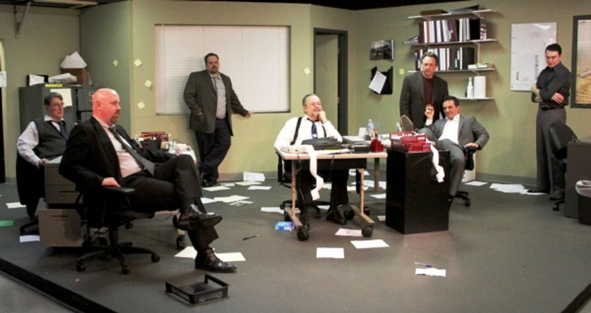 Cast L-R: Verl Hite (Aaronow), Richard Cowden (Moss), Ryan Goold (Baylen), Paul Page (Levene), Rick Yaconis (Roma), Michael Ingram (Lingk), and James OÃ¢â‚¬â„¢Hagan Murphy (Williamson) at 