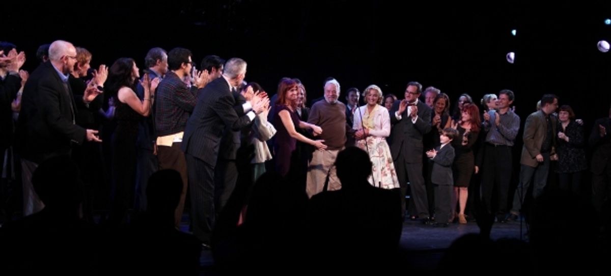 Stephen Sondhein greets members of the Original Broadway cast & the Encores! cast during the Curtain Call for 'Merrily We Roll Along' & the Original Broadway Cast Reunion at City Center in New York City, 2/14/2012 at 