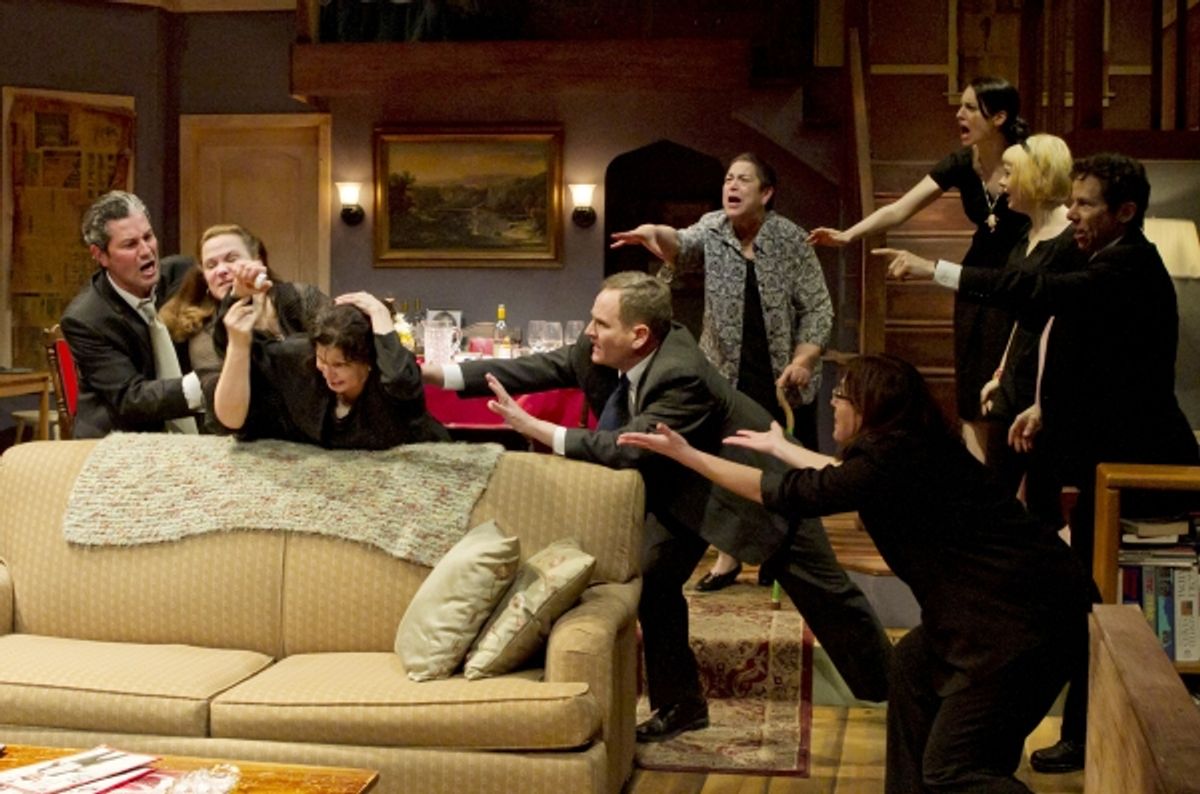 (L to R) Bill (Bill Simmons), Barbara (Diane Kondrat), Violet (Martha Jacobs), Charles (Charles Goad), Mattie Fay (Gayle Steigerwald), Ivy (Gail Bray), Johnna (Erin Cohenour), Jean (Abby Hart), and Steve (Richard Rand), fight to keep pills from destroying at 