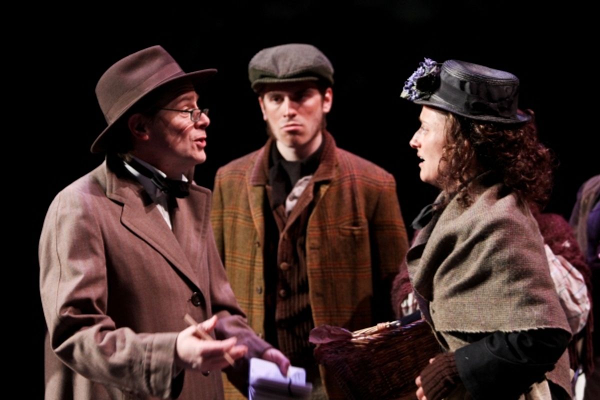 Mark Anders as Professor Higgins, Michael Russo as a bystander, and Jennifer Lee Taylor as Eliza Doolittle  at 