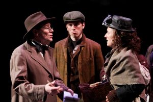 Mark Anders as Professor Higgins, Michael Russo as a bystander, and Jennifer Lee Tayl Photo