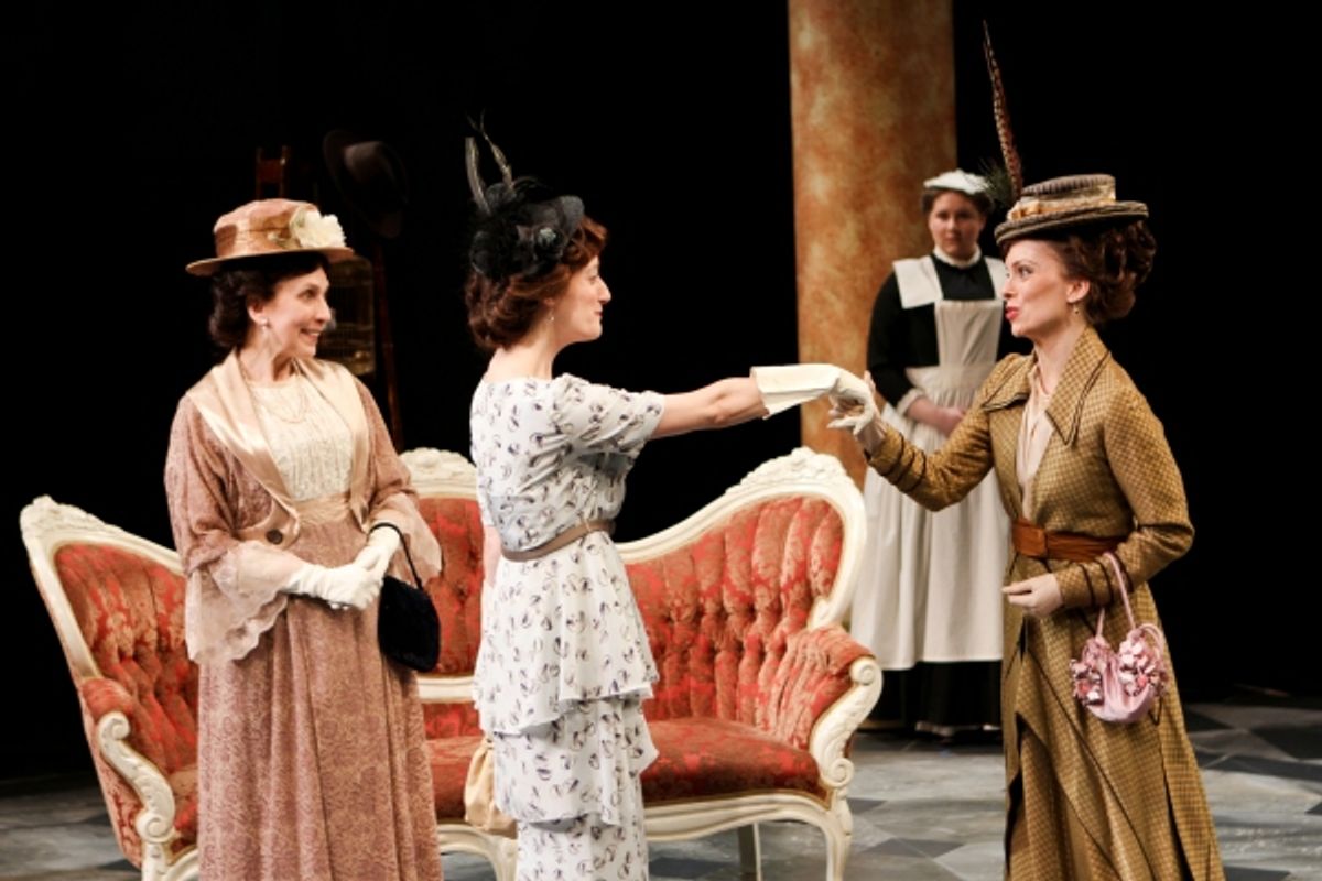 Marty Mukhalian as Mrs. Eynsford-Hill, Jennifer Lee Taylor as Eliza Doolittle, Aimee Filippi as a maid, and Amy Hill as Clara Eynsford-Hill at 