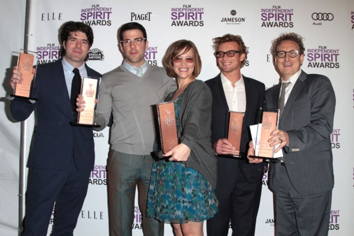 J.C. Chandor, Zachary Quinto, Tiffany Little Canfield, Simon Baker and Bernard Telsey pictured at the 2012 Film Independent Spirit Awards Press Room in Santa Monica, Ca February 25, 2012 Ã‚Â© RD / Orchon / Retna Digital at 
