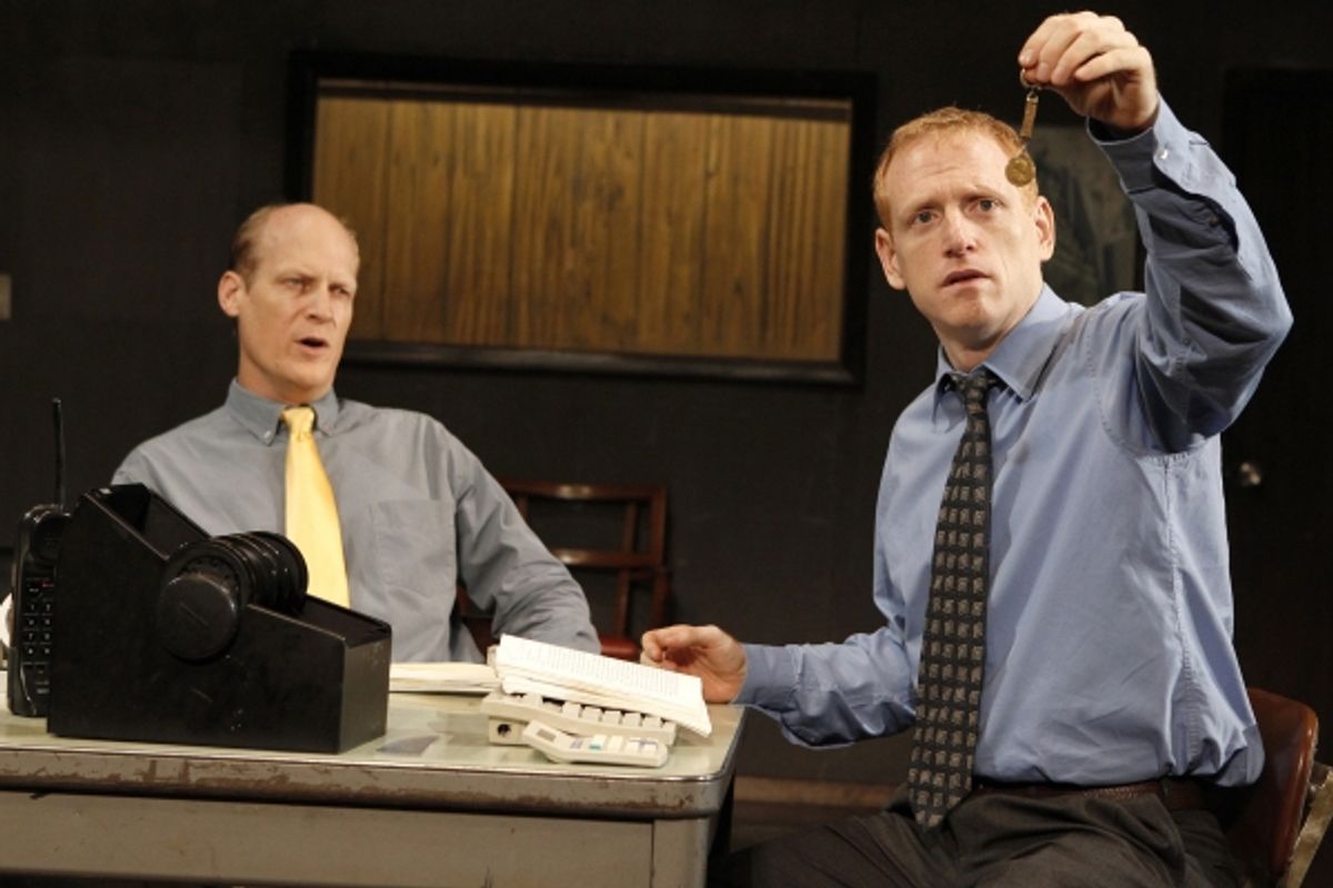 Jim Fletcher and Scott Shepherd in GATZ, created by Elevator Repair Service and directed by John Collins, running at The Public Theater. Photo credit: Joan Marcus at 
