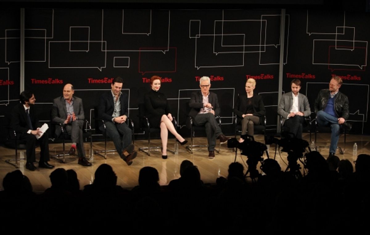 Reporter Dave Itzkoff, Matthew Weiner, Jon Hamm, Christina Hendricks, John Slattery, January Jones, Vincent Kartheiser and Jared Harris  at 