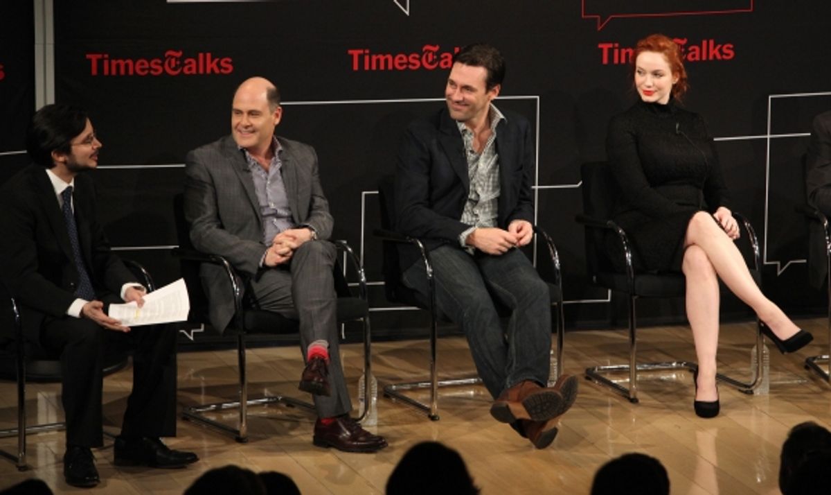 Reporter Dave Itzkoff, Matthew Weiner, Jon Hamm, Christina Hendricks  at 