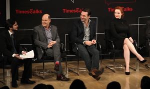 Reporter Dave Itzkoff, Matthew Weiner, Jon Hamm, Christina Hendricks  Photo