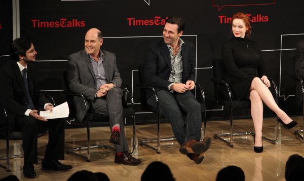 Reporter Dave Itzkoff, Matthew Weiner, Jon Hamm, Christina Hendricks  Photo