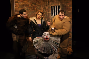 Ludovic (Dan Frost), Greta (Helen Russell Clark), Clown (Rhys King), Julius (James Sygrove) @ BroadwayWorld Ludovic (Dan Frost), Greta (Helen Russell Clark), Clown (Rhys King), Julius (James Sy Photo
