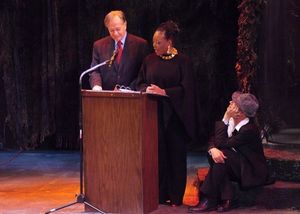 Sam Anderson (Blackbird) and L. Scott Caldwell (A Raisin in the Sun) present an award, as David C. Nichols (LADCC) looks on. @ BroadwayWorld Sam Anderson (Blackbird) and L. Scott Caldwell (A Raisin in the Sun) present an award Photo