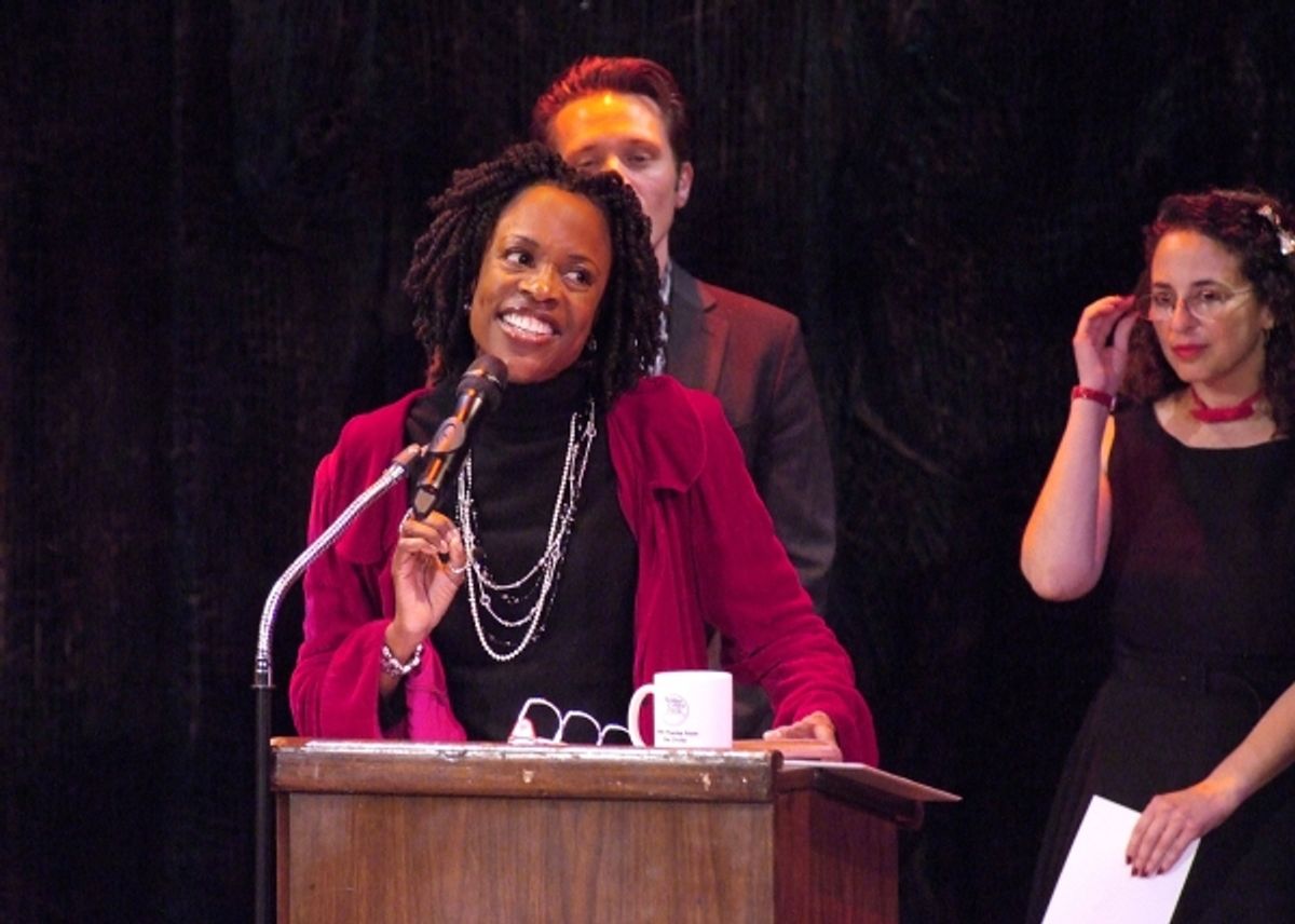Charlayne Woodard (The Night Watcher) accepts the Solo Performance award as Seamus Dever and Sharon Perlmutter (LADCC) look on. at 