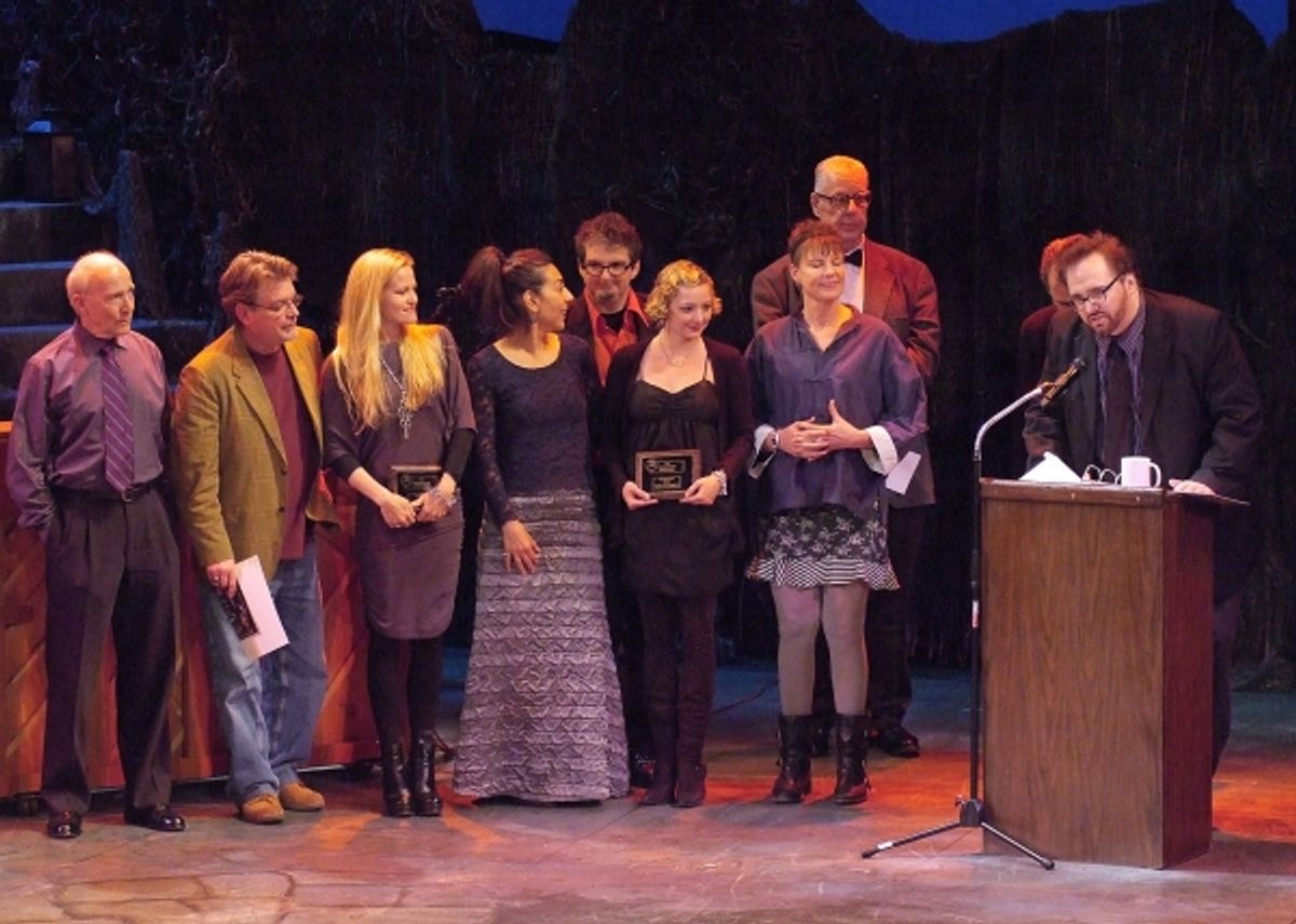 Bart DeLorenzo of Evidence Room accepts the Production Award for Margo Veil, with members of the company. at 
