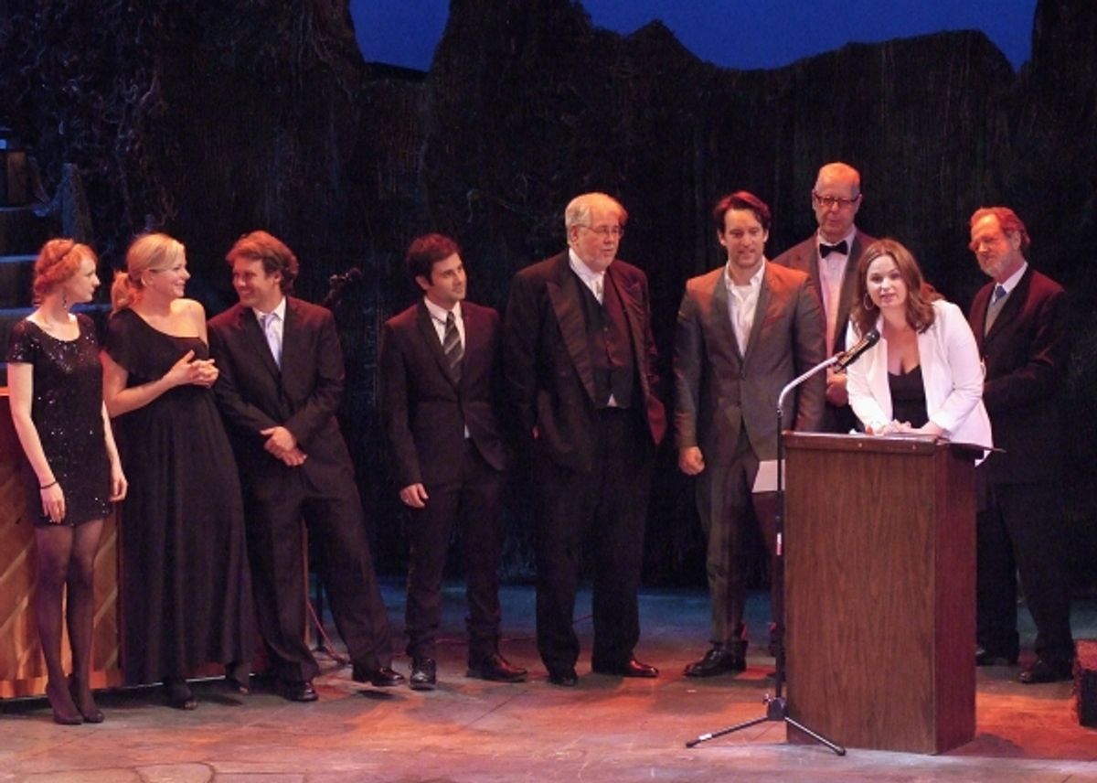 Jennifer Pollono accepts the Production Award for Small Engine Repair with members of the company, as Bob Verini (LADCC) and Gregory Itzin (4-time LADCC recipient) look on. at 