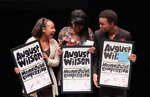 The top three finalists Tyler Edwards, Jasmine Hogan and Christopher Smith accept their awards during the August Wilson Monologue Competition Regional Finals at Center Theatre Group's Mark Taper Forum
@ BroadwayWorld The top three finalists Tyler Edwards, Jasmine Hogan and Christopher Smith accept the Photo