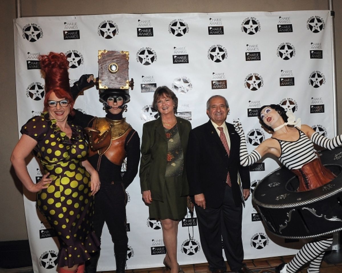 Cirque du Soleil's Iris characters pose with Hollywood Arts Council President Nyla Arslanian(Center-Left) and event producer Oscar Arslanian at 