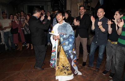 Recipient Aaron J. Albano in 'Newsies - The Musical'  with Ricky Martin, Michael Cerv Photo