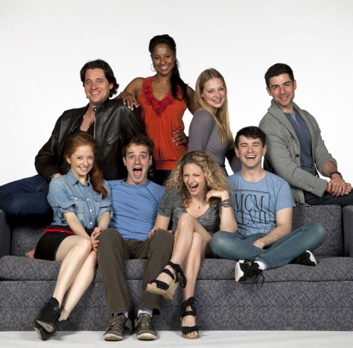 The cast of Nobody Loves You:  (front row, from left) Kate Morgan Chadwick, Kelsey Kurz, Lauren Molina and Alex Brightman; (back row, from left) Heath Calvert, Nicole Lewis, Jenni Barber and Adam Kantor.  The World Premiere of Nobody Loves You, with music at 
