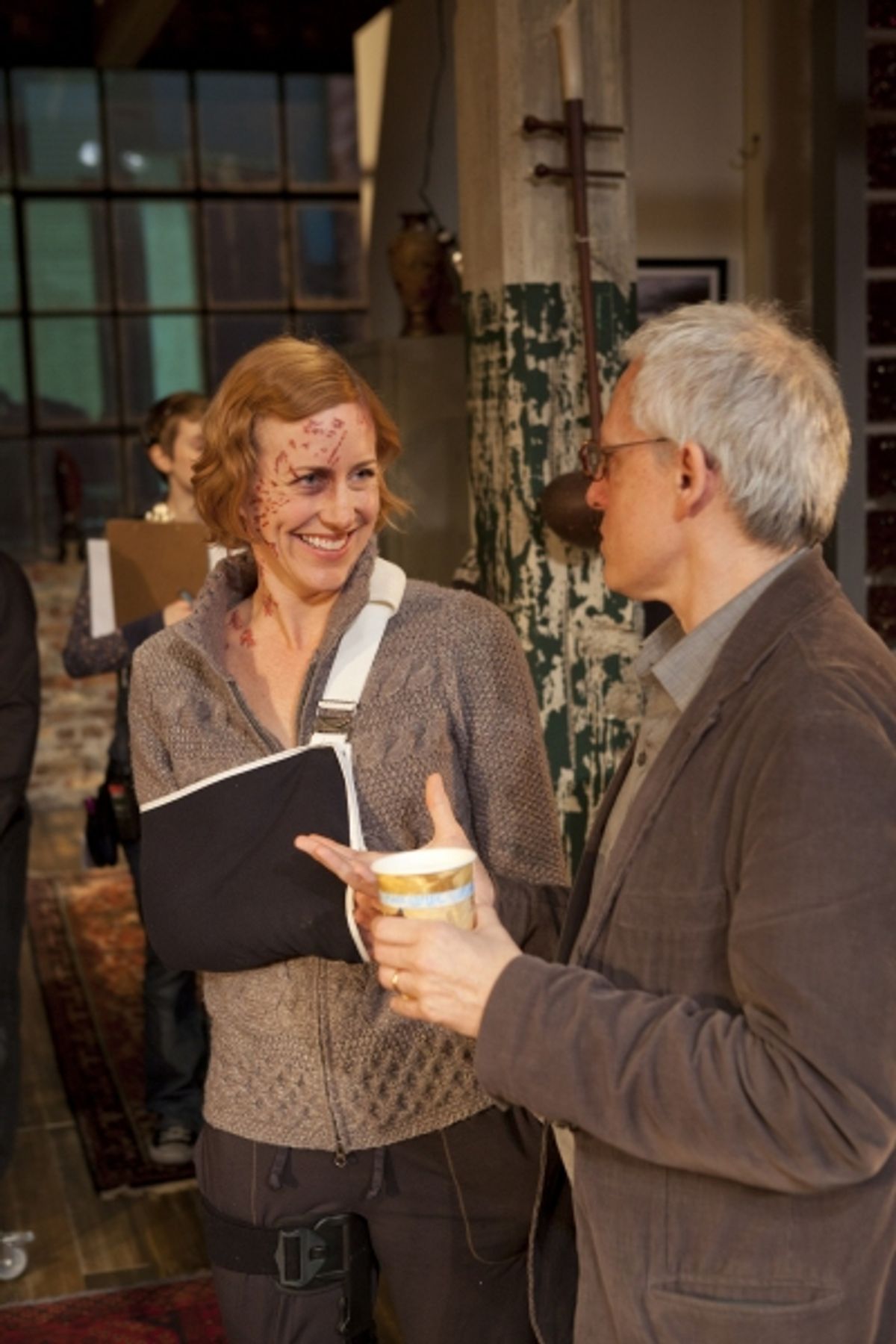 Sarah Agnew (Sarah Goodwin) from Time Stands Still talks with playwright Donald Margulies during rehearsals at 