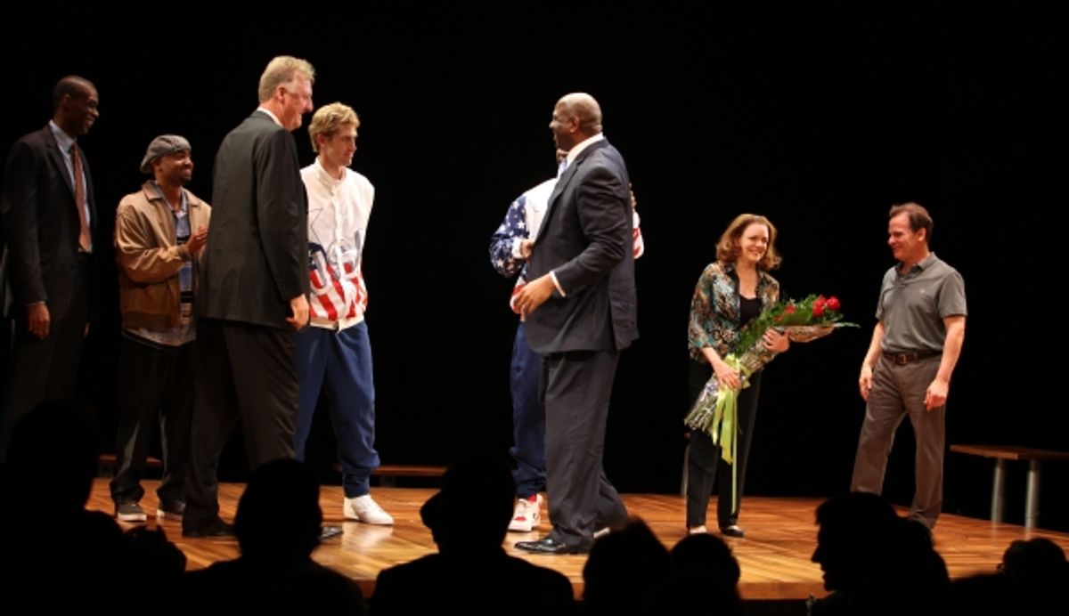 Larry Bird & Earvin 'Magic' Johnson with Robert Manning Jr., Francois Battiste, Tug Coker, Kevin Daniels, Deirdre O'Connell & Peter Scolari at 