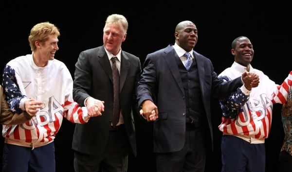 Tug Coker, Larry Bird, Earvin 'Magic' Johnson, Kevin Daniels  Photo