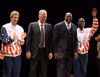 Tug Coker, Larry Bird, Earvin 'Magic' Johnson, Kevin Daniels  Photo