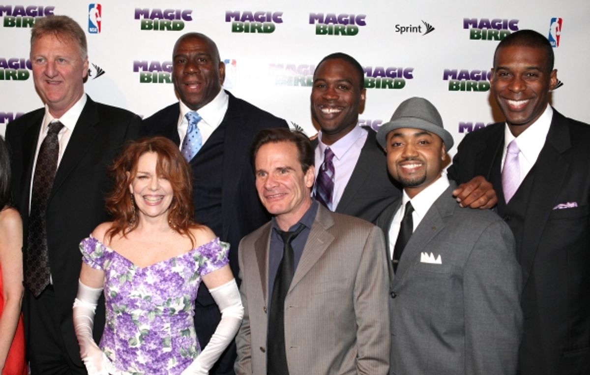 Larry Bird, Tug Coker, Kevin Daniels & Earvin 'Magic' Johnson with Eric Simonson, Tony Ponturo, Fran Kirmser, Deirdie O'Connell, Peter Scolari, Francois Battiste & Thomas Kail  at 
