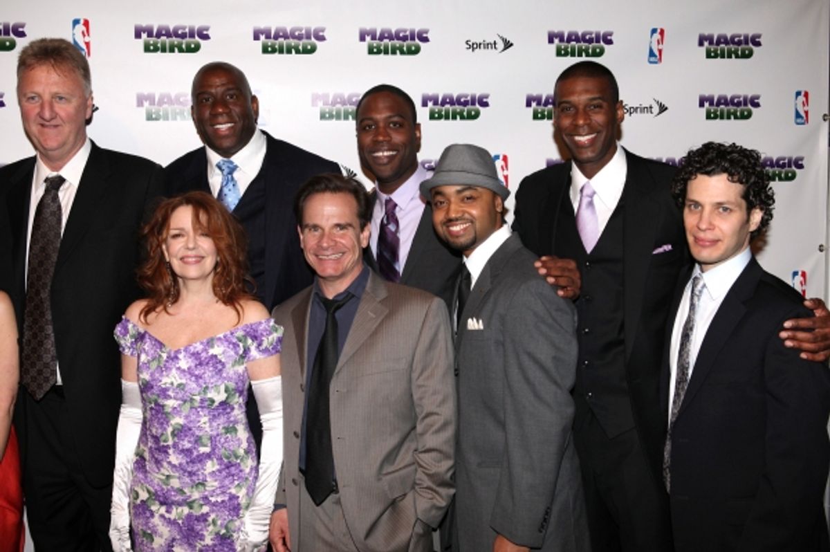 Larry Bird, Tug Coker, Kevin Daniels & Earvin 'Magic' Johnson with Deirdie O'Connell, Peter Scolari, Francois Battiste & Thomas Kail at 
