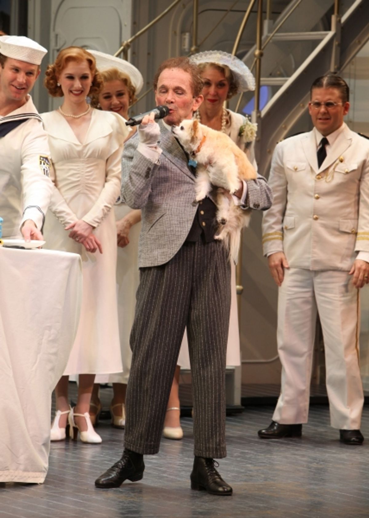 Joel Grey & Dog Miguelito Bernadette Peters surprises Joel Grey on his 80th birthday with a cake backstage at 'Anything Goes' at the Stephen Sondheim Theatre in New York City on April 11, 2012 Ã‚Â© Walter McBride / WM Photography  Ltd. at 
