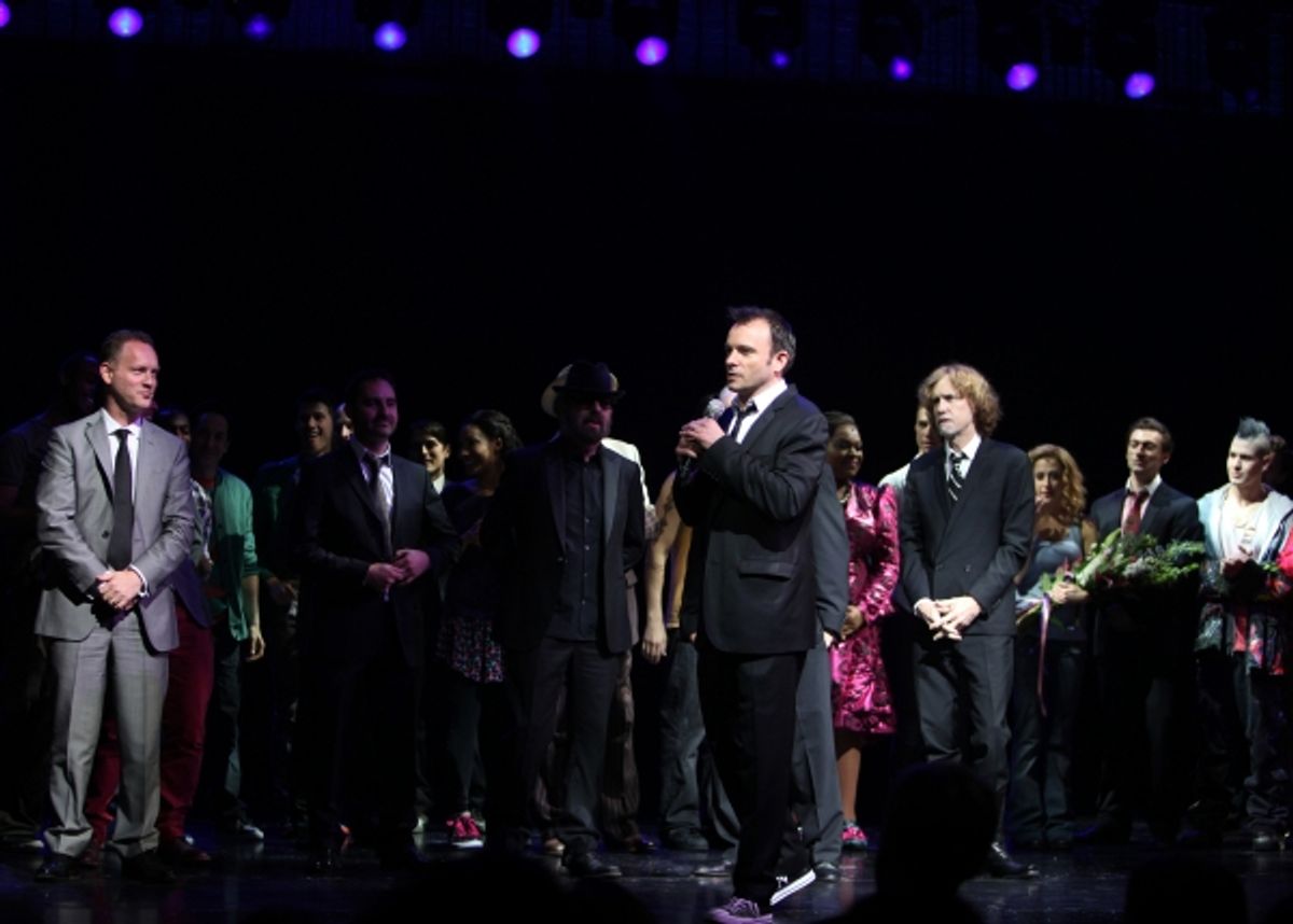 Paul Kieve, Dave Stewart, Bruce Joel Rubin, Director Matthew Warchus & Glen Ballard with the Company at 