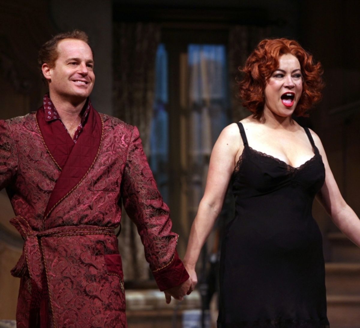 Adam James & Jennifer Tilly during the Opening Night Curtain Call for the Roundabout Theatre Company's Broadway Production of 'Don't Dress For Dinner' at the American Airlines Theater on 4/26/2012 in New York City. at 
