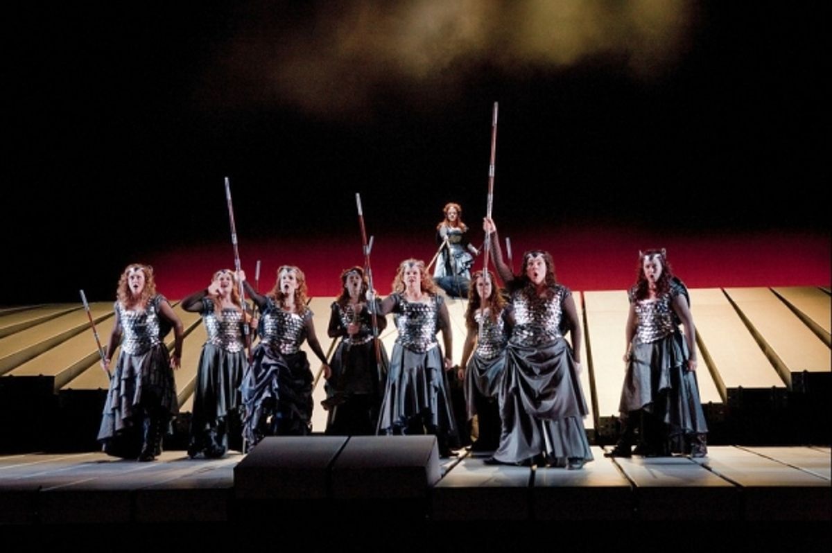 A scene from Act 3 of Wagner's 'Die Walkure' with the Valkuries, Marjorie Elinor Dix as Waltraute, Wendy Bryn Harmer as Ortlinde, Molly Fillmore as Helmwige, Kelly Cae Hogan as Gerhilde, Mary Ann McCormick as Grimgerde, Lindsay Ammann as Rossweisse, Eve G at 